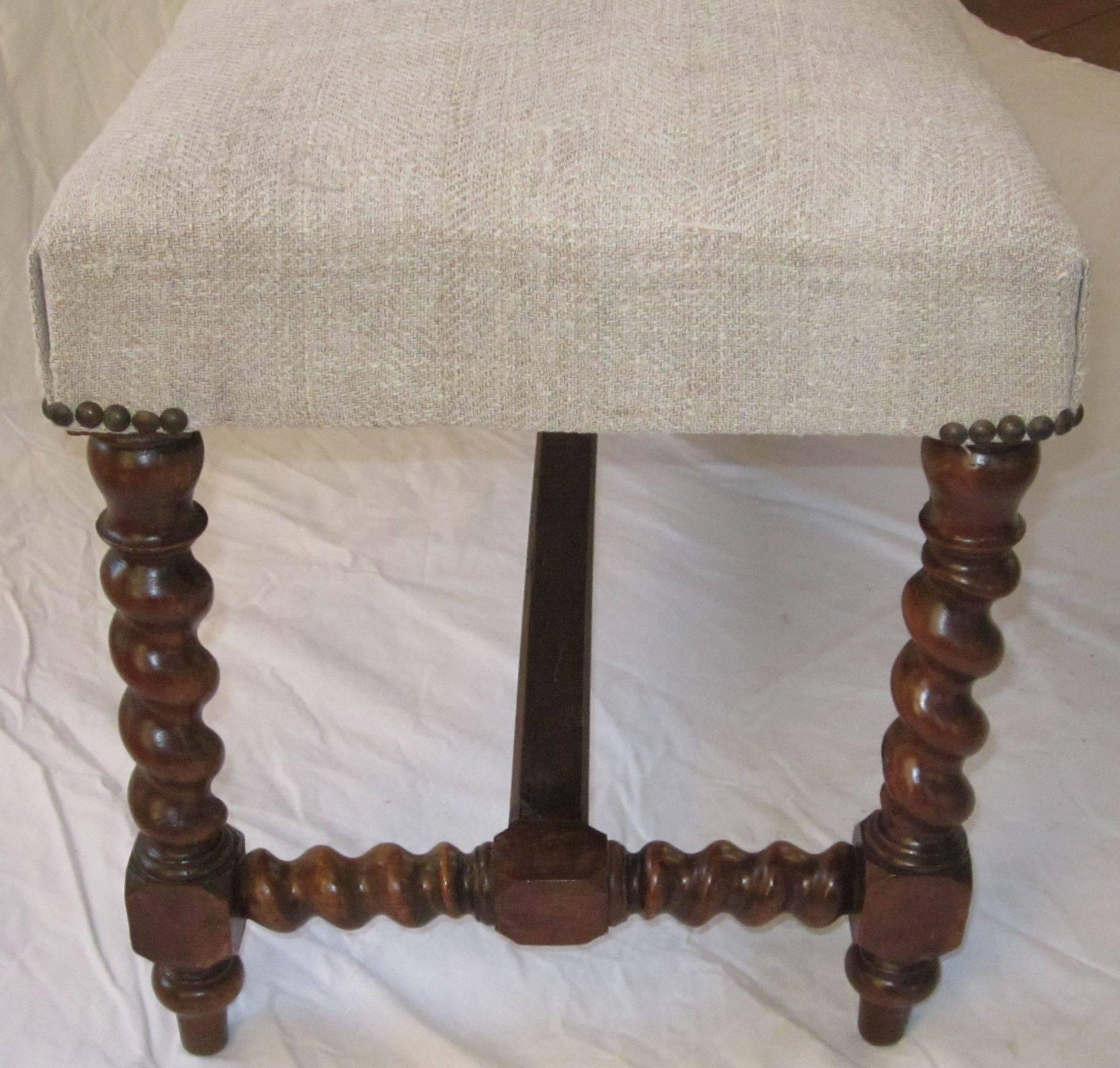 Linen 19th Century Upholstered Spool Leg Bench, Italy