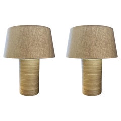 Stone Round Cylinder Shaped Base Pair Lamps With Shades, Germany, Contemporary