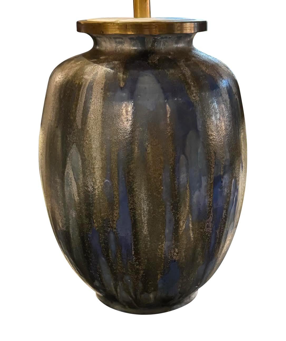 Mid Century Belgian drip glazed single vase.
Shades of charcoal greys and cobalt blue.
New Belgian black linen shade with gold interior.
Base measures 9