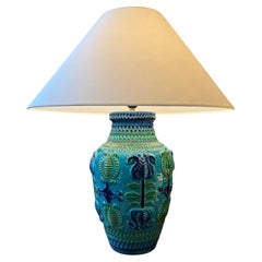 Mid Century French Table Lamp, Turquoise with Tropical Motif, 30" Tall
