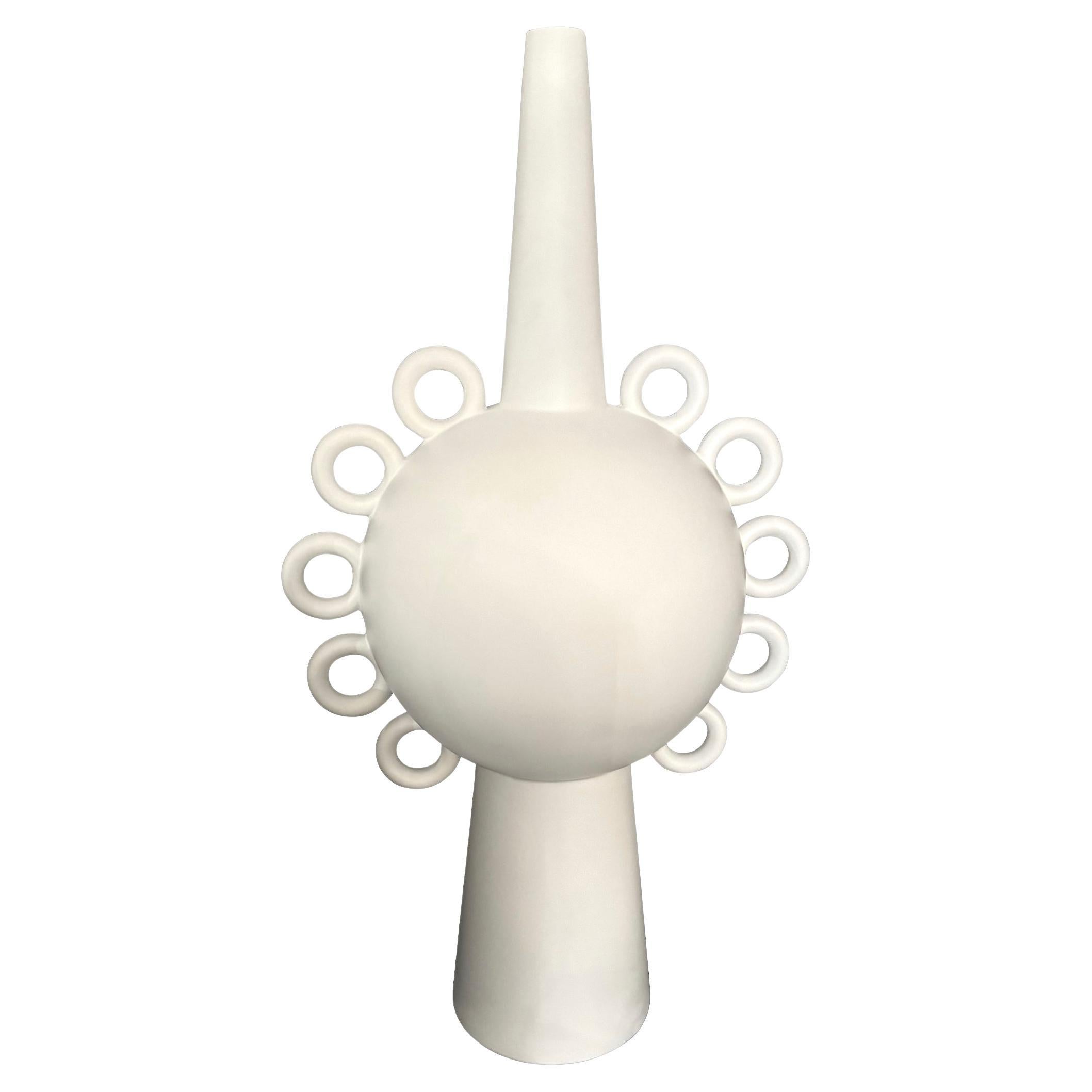 White Decorative Ceramic Vase With Ten All-Over Circles, France, Contemporary