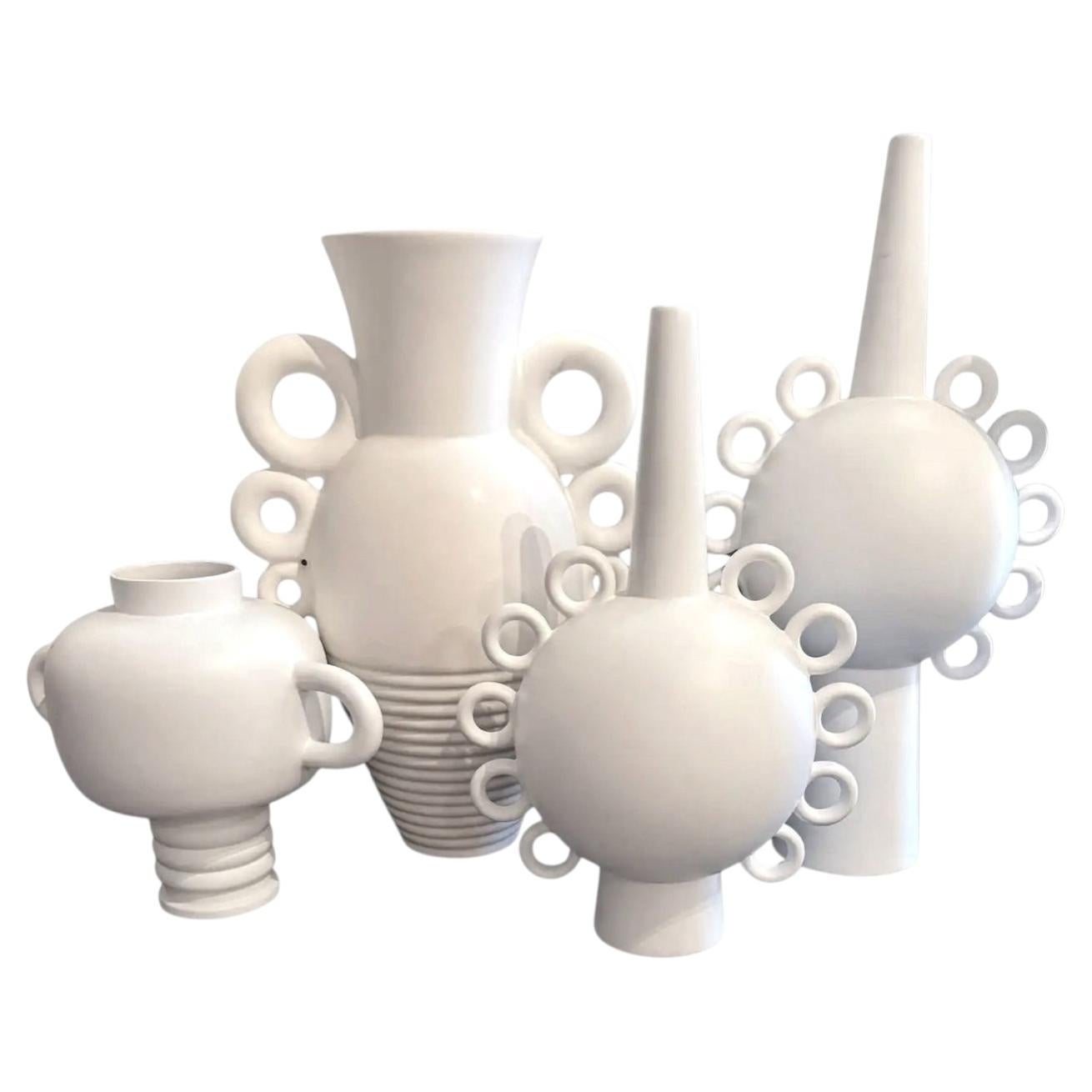 Matte White Contemporary Ceramic Vase with Spout, 14" Diameter