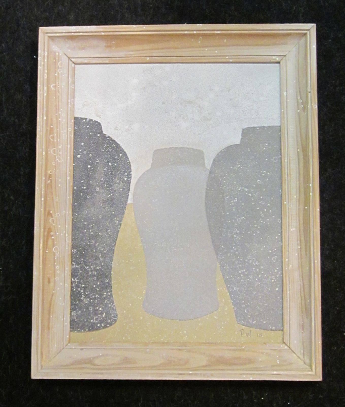 Contemporary painting of three vases by English artist Peter Woodward.
The artist is known for his unique paintings of vases in antique style frames.
Acrylic paint on board in a wooden frame.
 