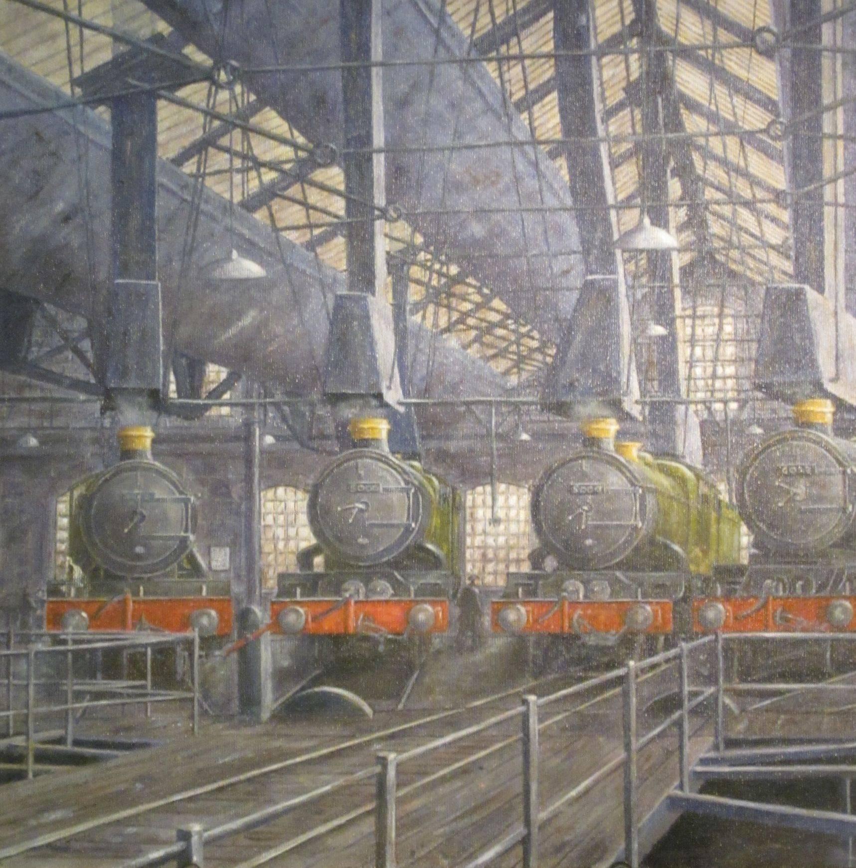 1950s English oil on board painting by D. Smith.
The very detailed painting depicts steam locomotives in Swindon Railway Works.
Framed.
 