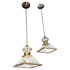 Clear Glass Pyramid Shape Pair of Pendant Lights, Italy, Contemporary