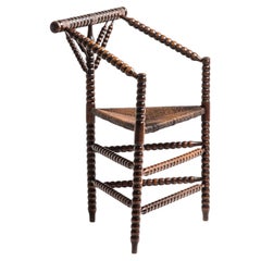 Antique Elm Turner Chair, Rush Seat, Spindle Legs, England, 1870s