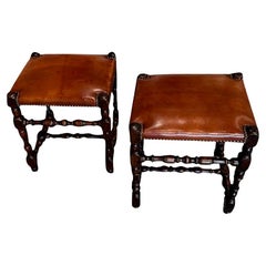 Leather Pair Turned Leg Stools, Italy, 19th Century