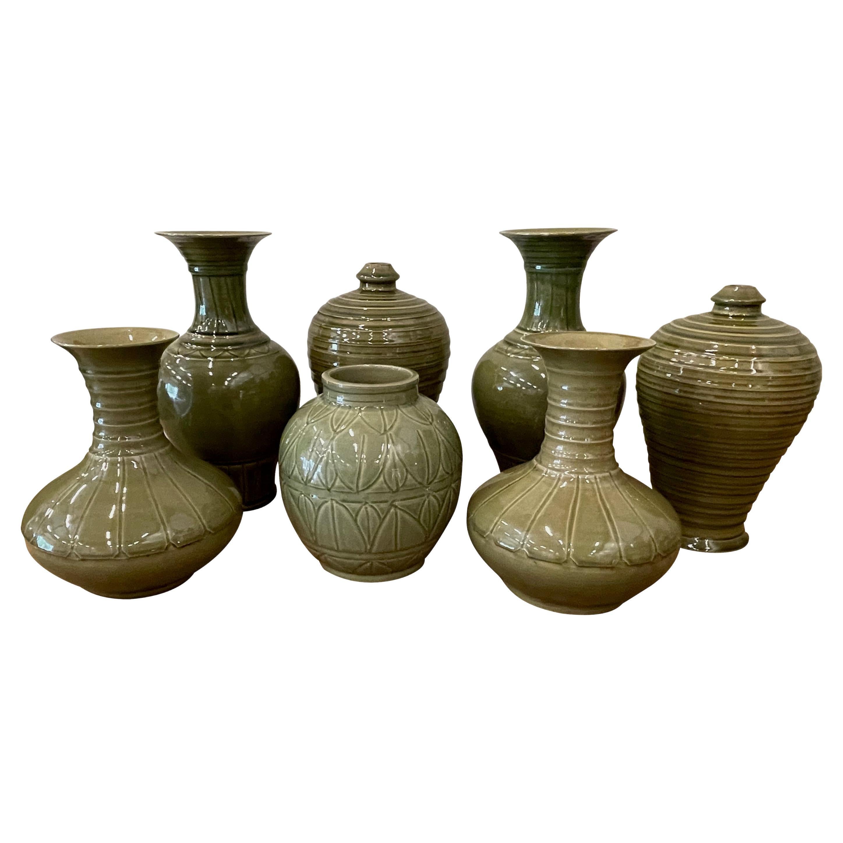 Contemporary Chinese Olive Glazed Ribbed Vase, 11" Diameter For Sale