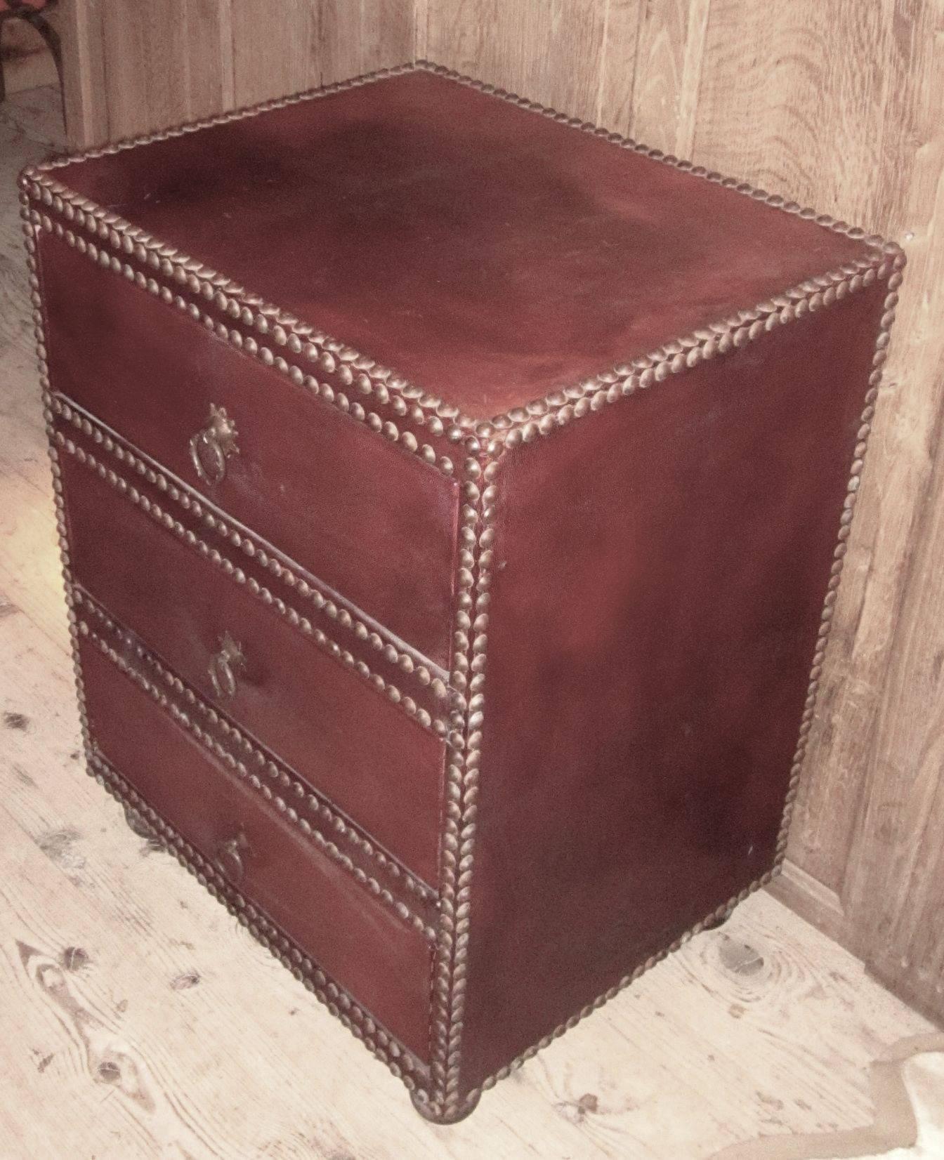 Mid-Century Leather Three-Drawer Chest or Nightstand, Spain, 1960s In Excellent Condition In New York, NY