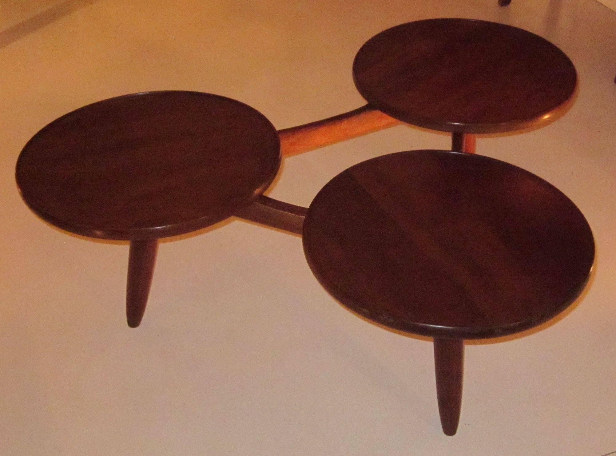1970s Danish mahogany triple circular top coffee table.
Each of the three connected circles measure 19
