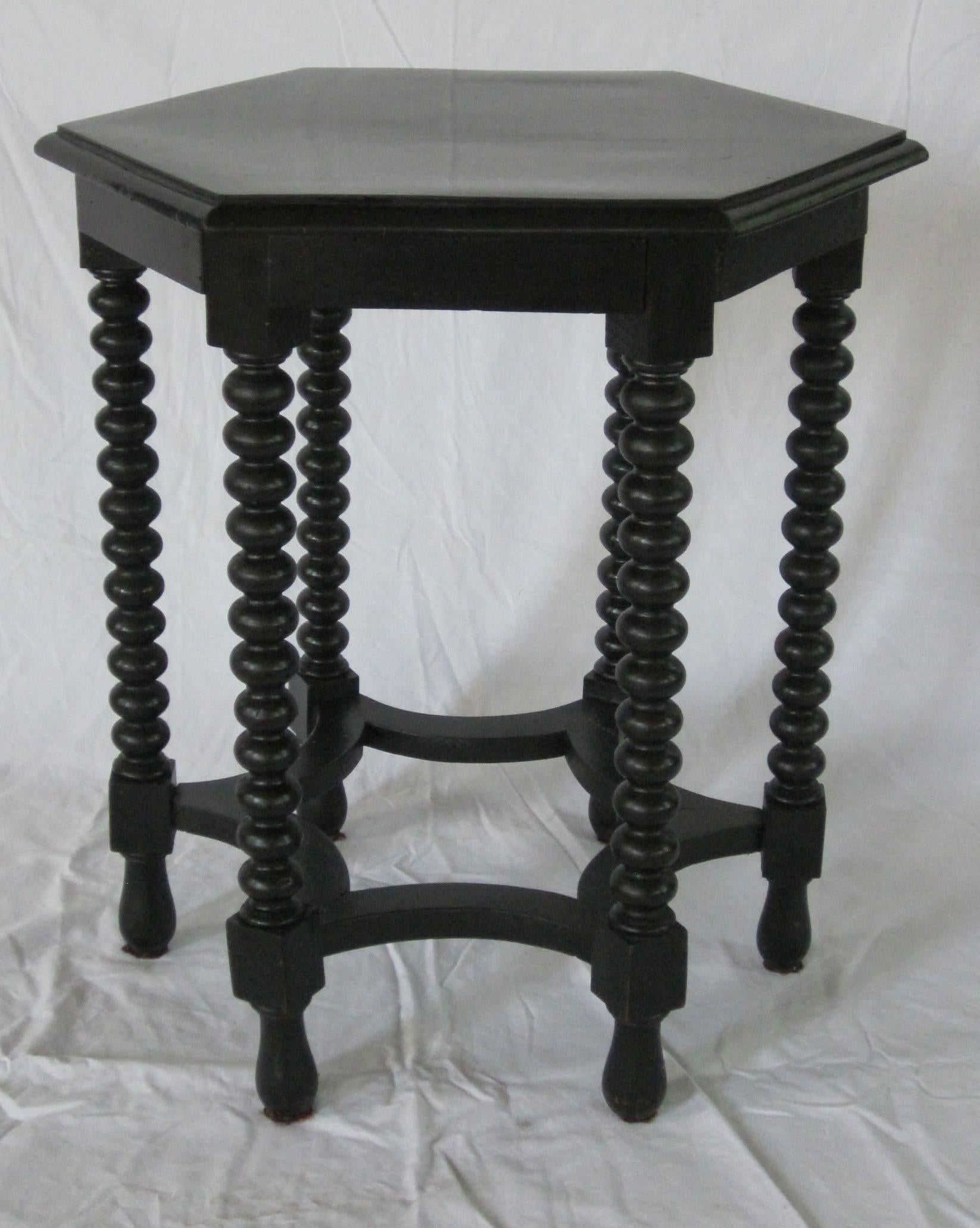 19th Century Ebony Hexagonal Spool Leg Side Table, Italy