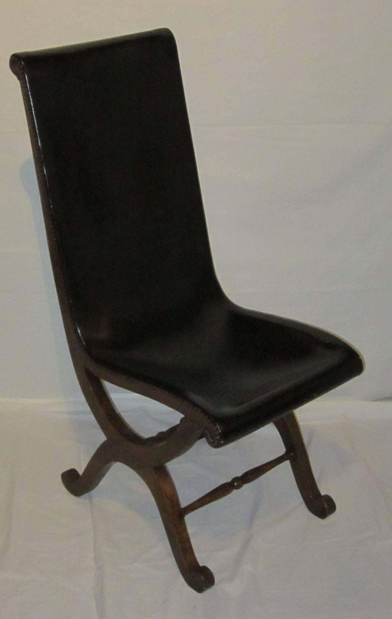 1940s Spanish set of six black leather dining chairs by designer Valenti.
Wood frame and legs, nailhead accents.
Very rare to find a set of six leather Valenti dining chairs in excellent condition.
 