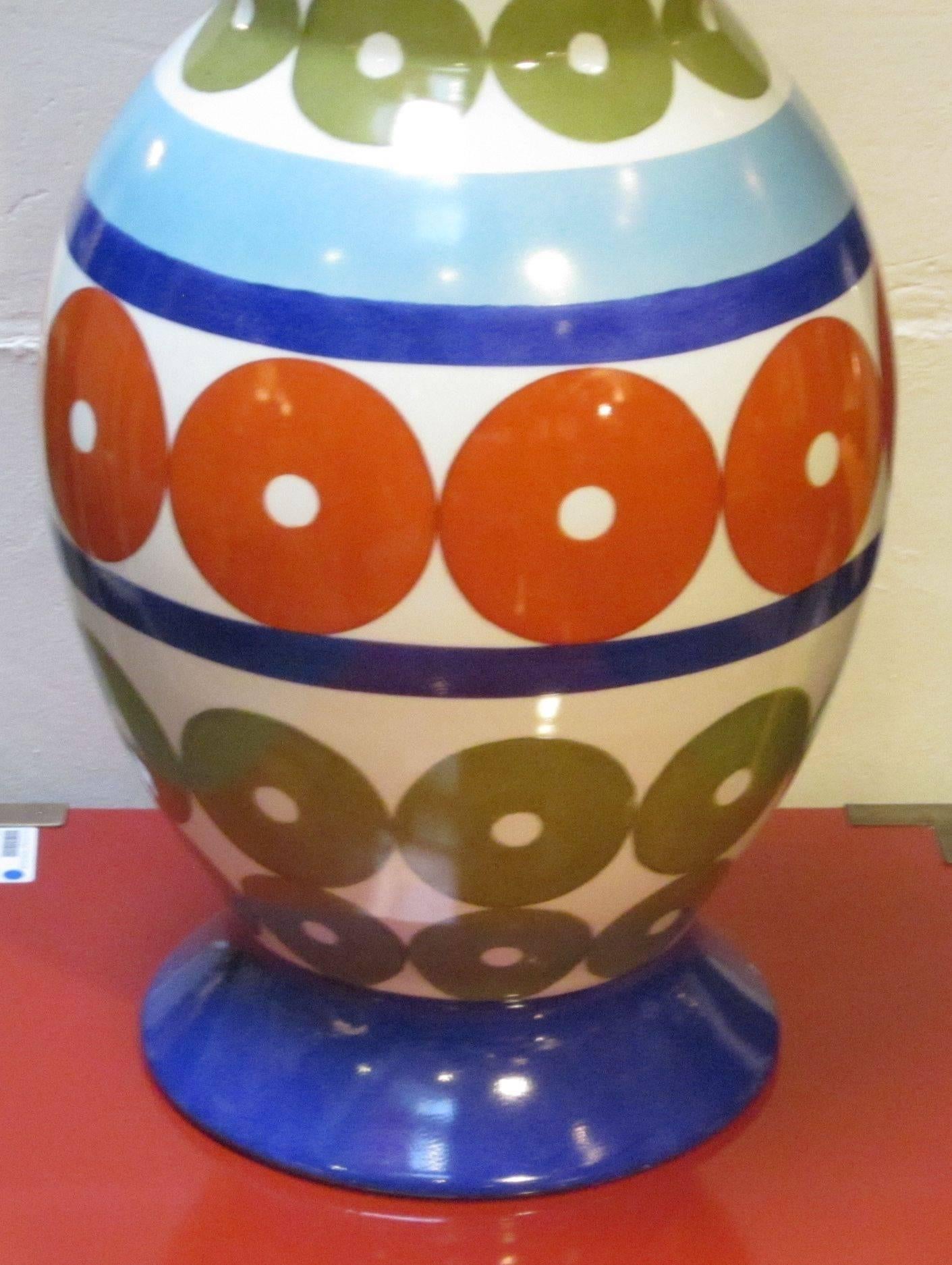 Chinese Bright Patterned Blue, White, Olive and Red Porcelain Vase by Frederic De Luca