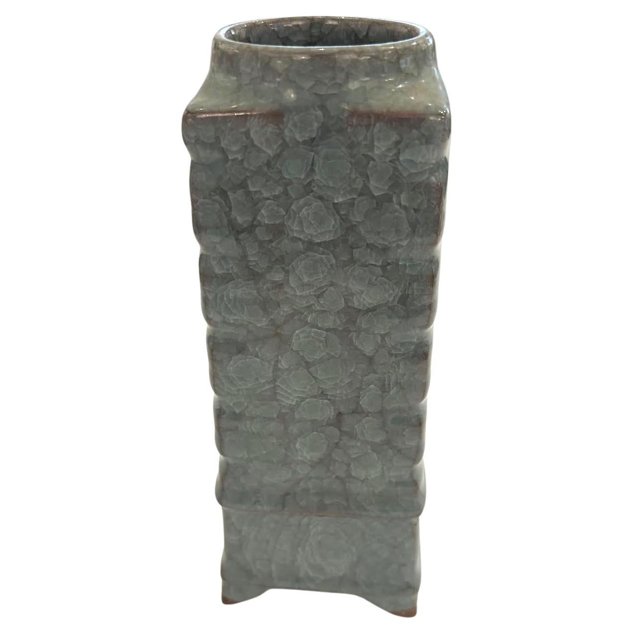 Deep Turquoise Contrast Crackle Square Shape Vase, China, Contemporary For Sale