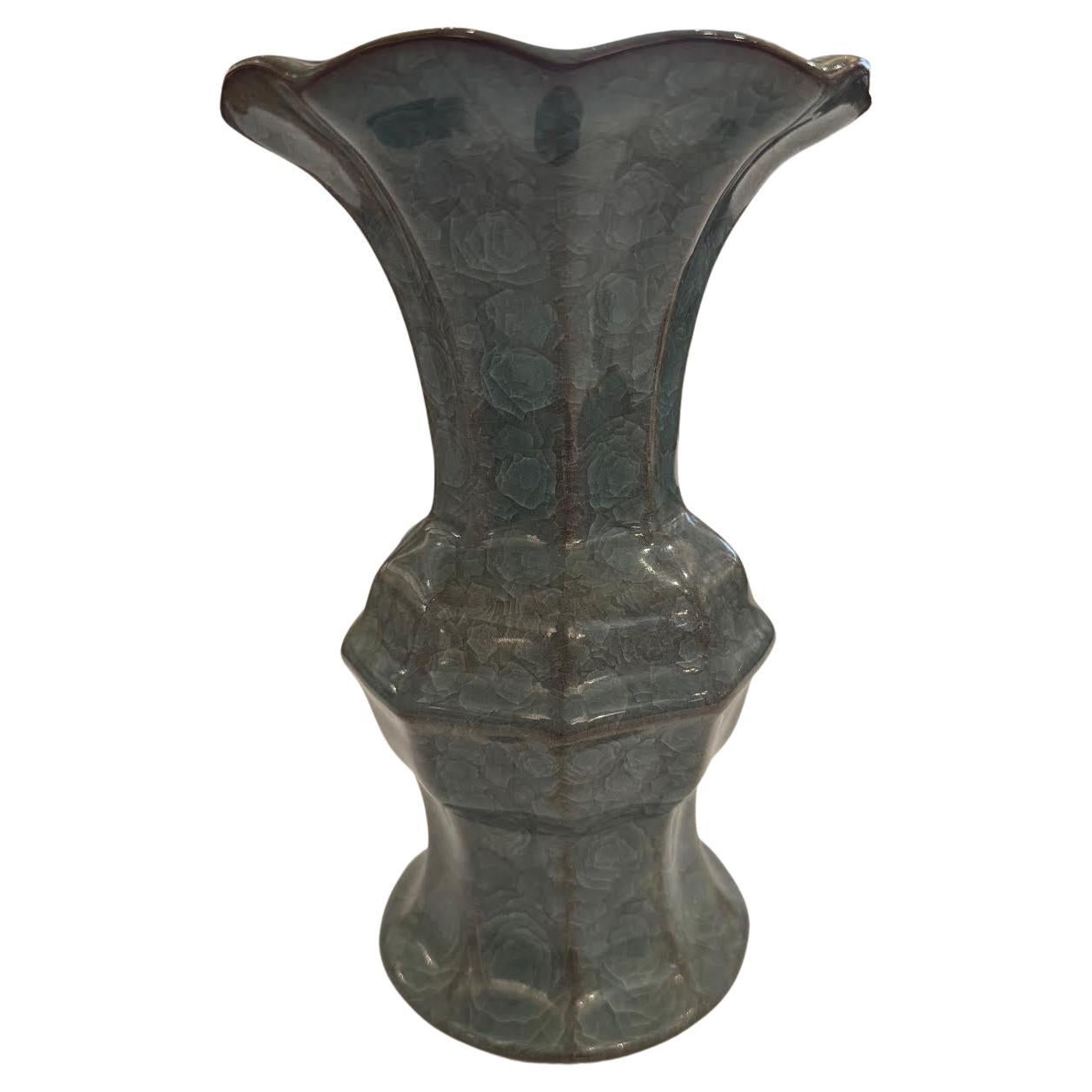Deep Turquoise Crackle Scalloped Opening Vase, China, Contemporary