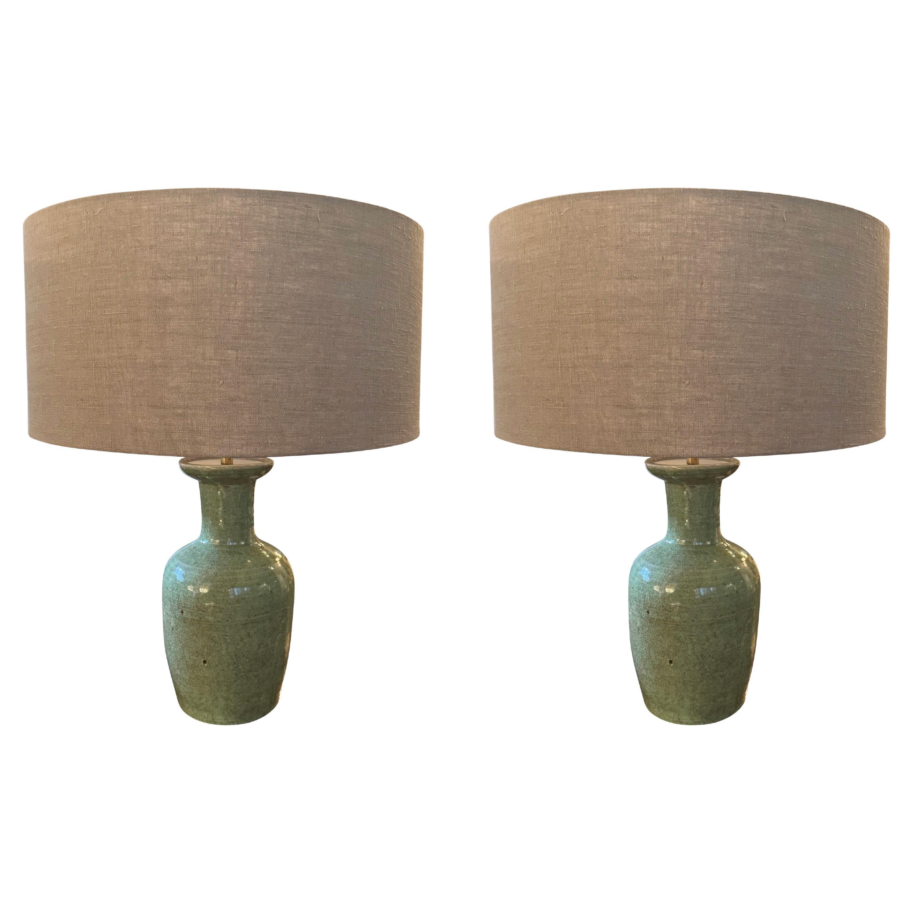 Celadon Crackle Glazed Pair Bottle Shaped Lamps, China, Contemporary
