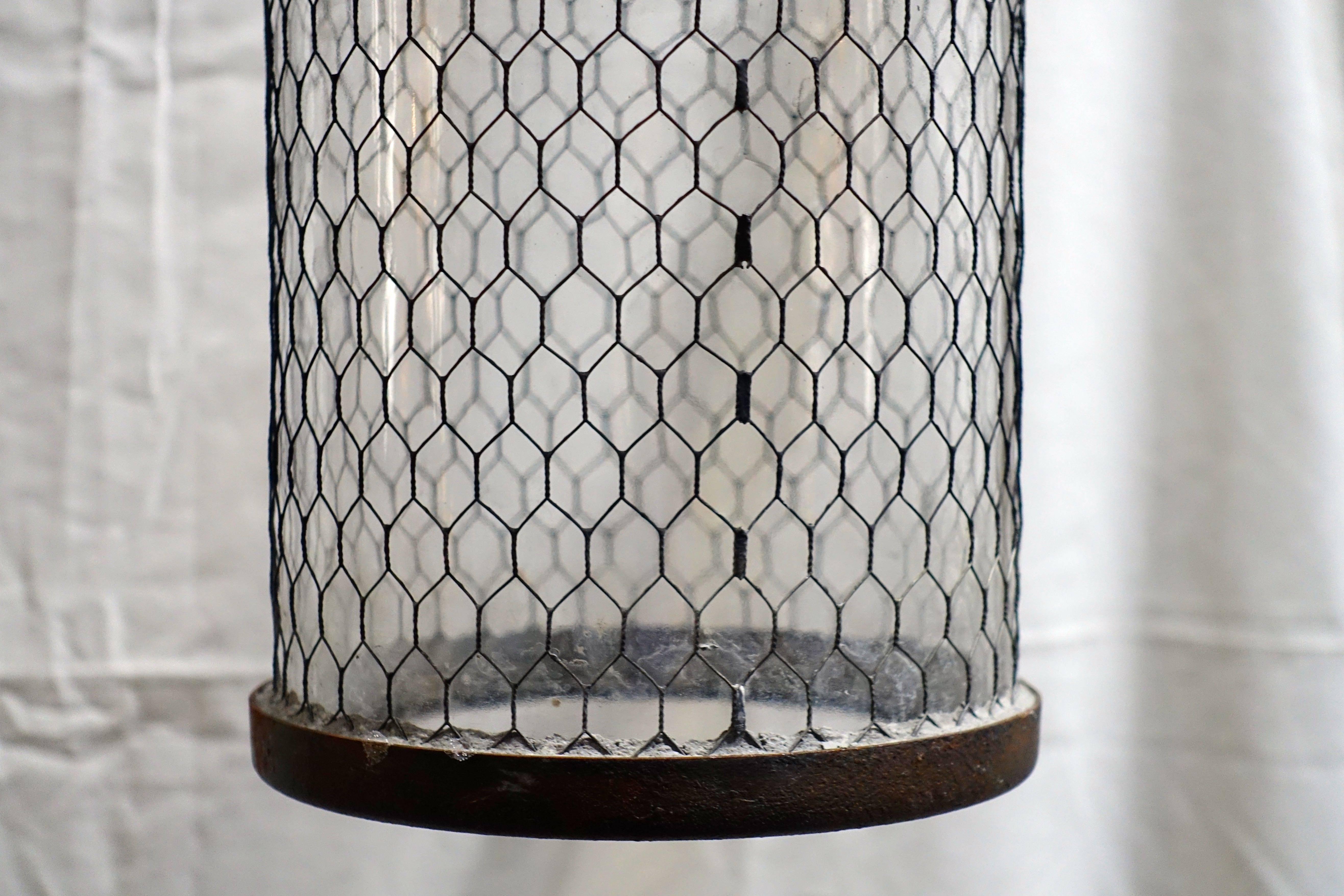 Contemporary Pair of Brushed Metal Pendant Lights with Cage, Italy In Excellent Condition In New York, NY