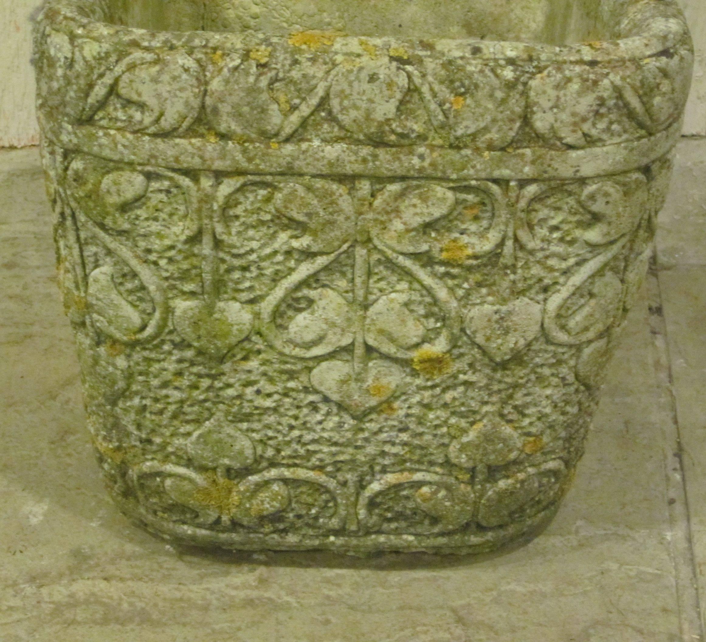 1920s English pair of square stone pots with decorative carvings.
Height is approximate and will be confirmed.