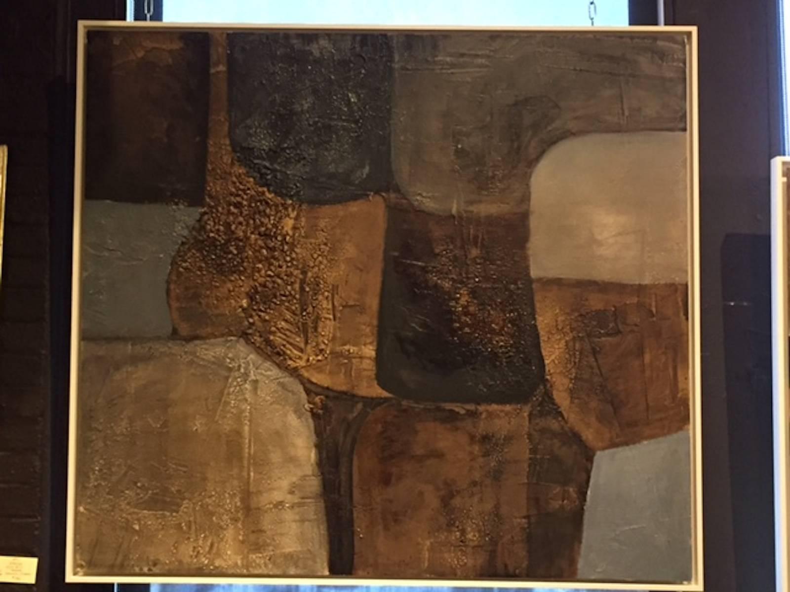 Contemporary painting by Spanish artist Santiago Castillo.
This large painting is created in oil and stucco. Multiple shapes in shades of browns and greys on wood. The stucco and a combination of matte and gloss paint finish create an interesting