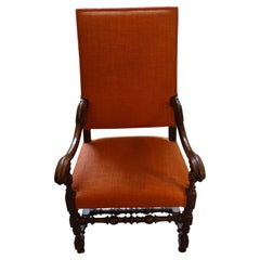 Italian Orange Linen, Walnut Frame High Back Armchair, 18th Century