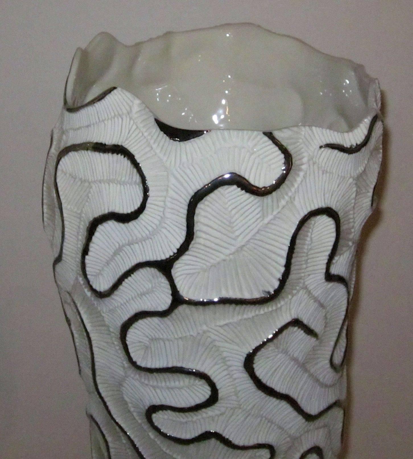 Handmade Porcelain and Platinum Tall Vase, Contemporary, Italian In Excellent Condition In New York, NY