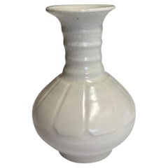 Contemporary Off White Crackle Glaze Vase, Ribbed Neck, China, 5" Tall
