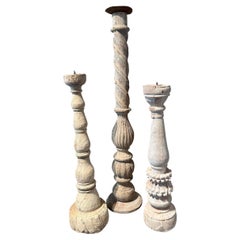 Bleached Teak Carved Candlestick, Mid Century, India