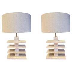 Travertine Pair Stacked Rectangular Shapes Lamps, Italy, Mid Century Travertine Pair Stacked Rectangular Shapes Lamps, Italy, Mid Century
