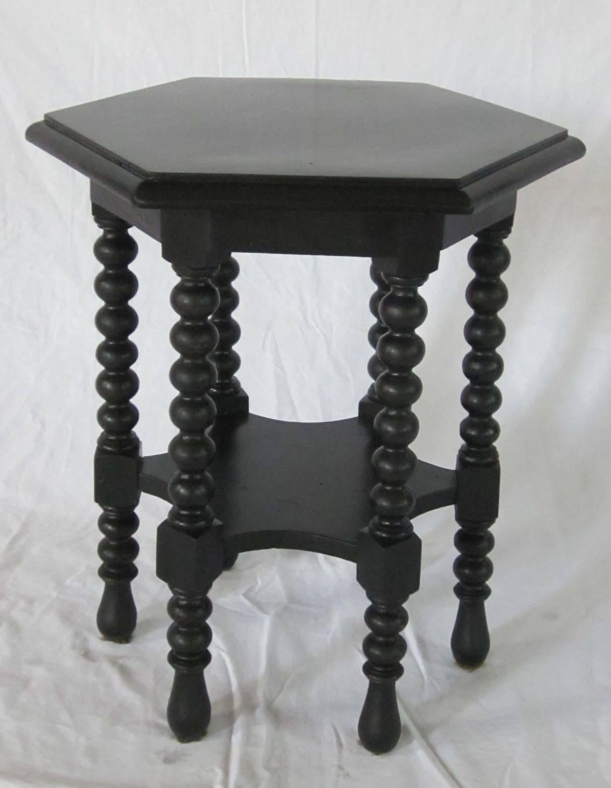 19th century Italian black ebony hexagonal spool leg side table.
Recently restored and in excellent condition.
