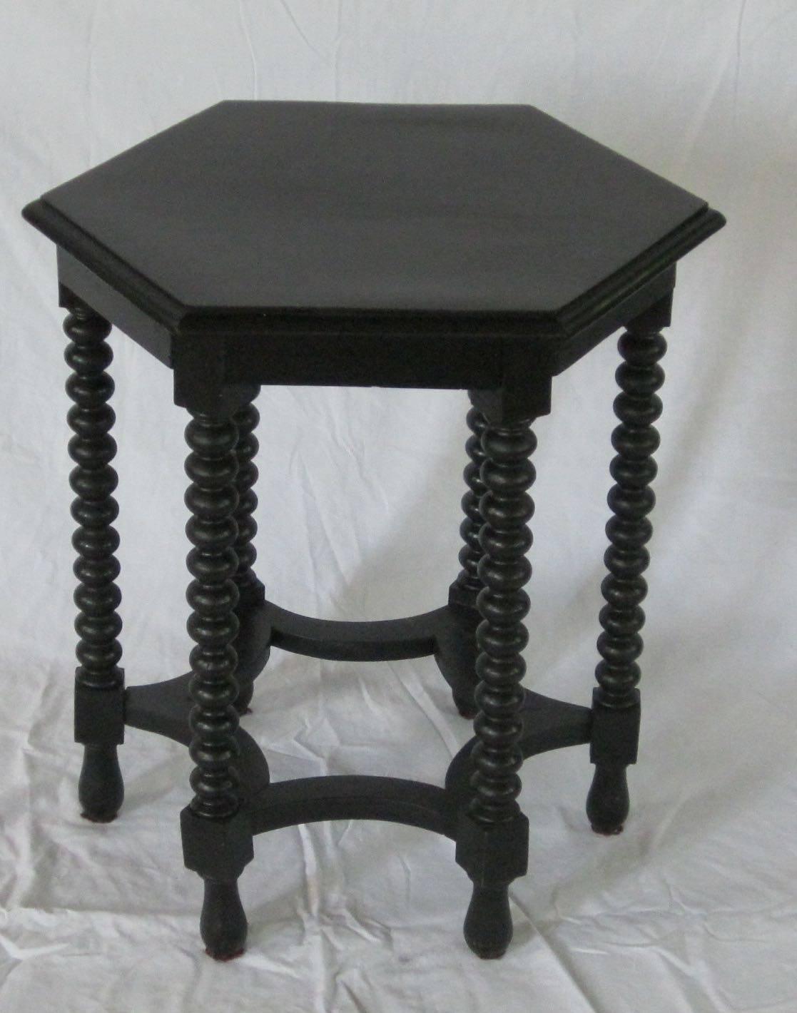 Italian Hexagonal Ebony Spool Leg Side Table, Italy, 19th Century