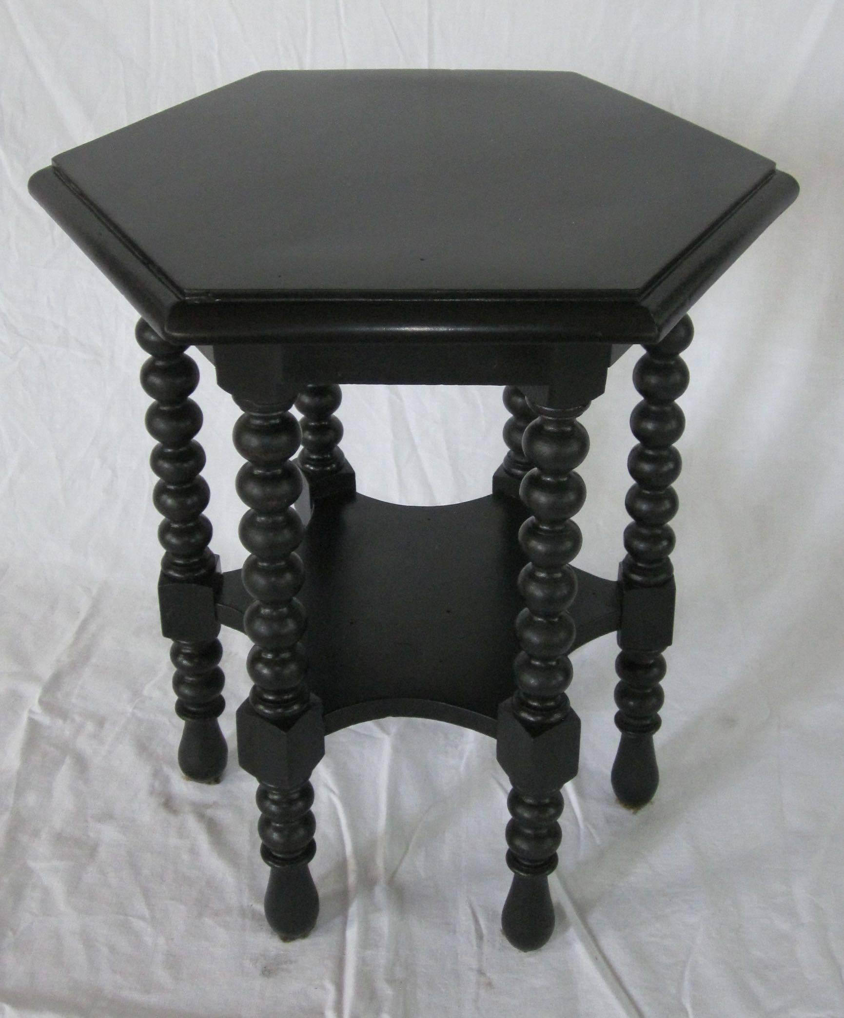 Oak Hexagonal Ebony Spool Leg Side Table, Italy, 19th Century