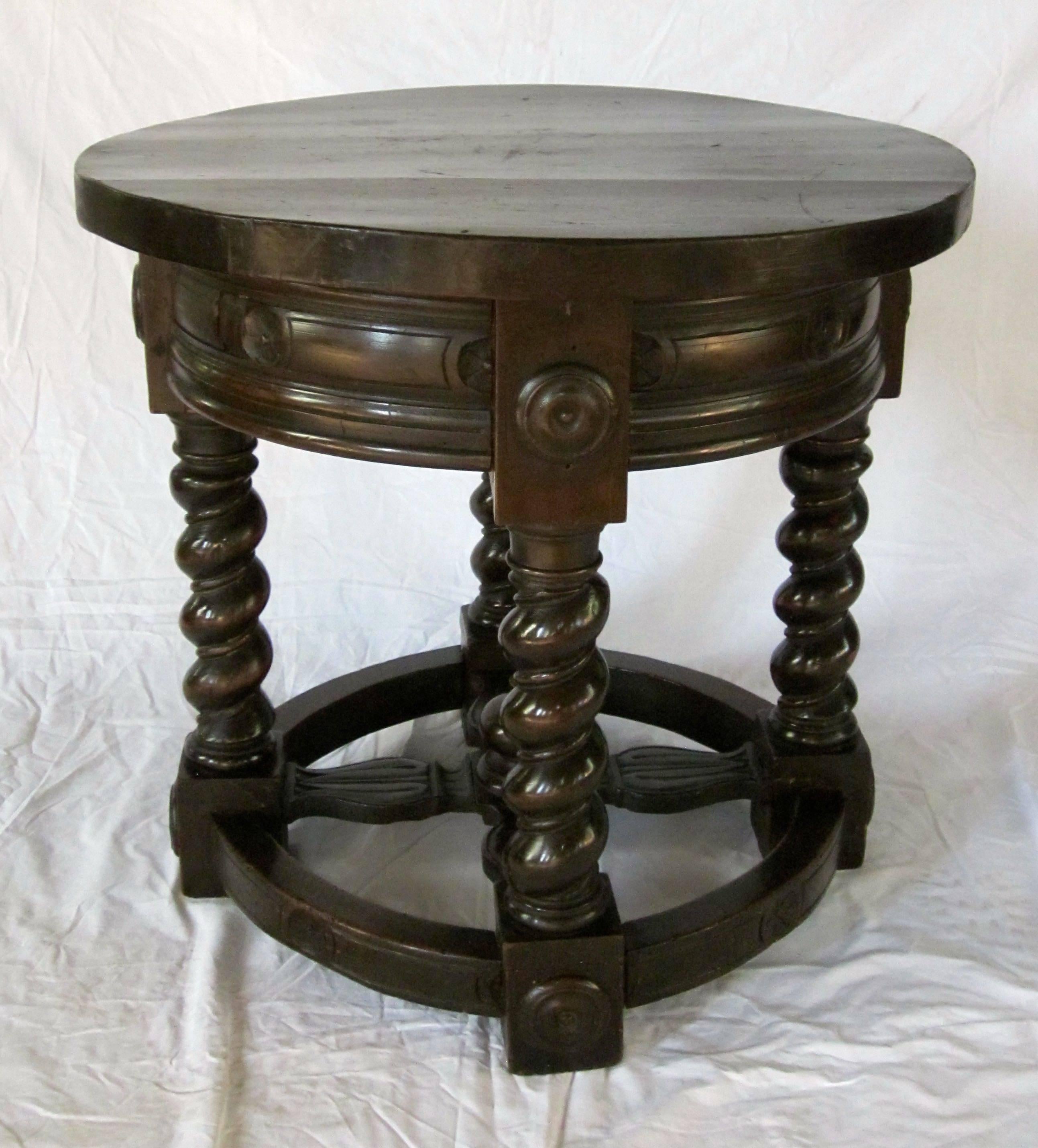 19th Century Oak Brown Spool Leg Side Table, Italy 1