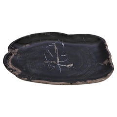 Piatto in legno pietrificato nero di forma irregolare, Indonesia, contemporaneo