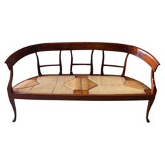 19th Century French Neoclassical Carved Walnut Lyre-Back Settee Bench, Rush Seat
