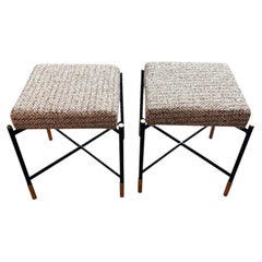 Mid Century Modern Iron X-Base Accent Stools With Patterned Upholstery - Pair