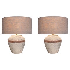 Contemporary Pair of Earth Tone Ceramic Table Lamps with Linen Shades