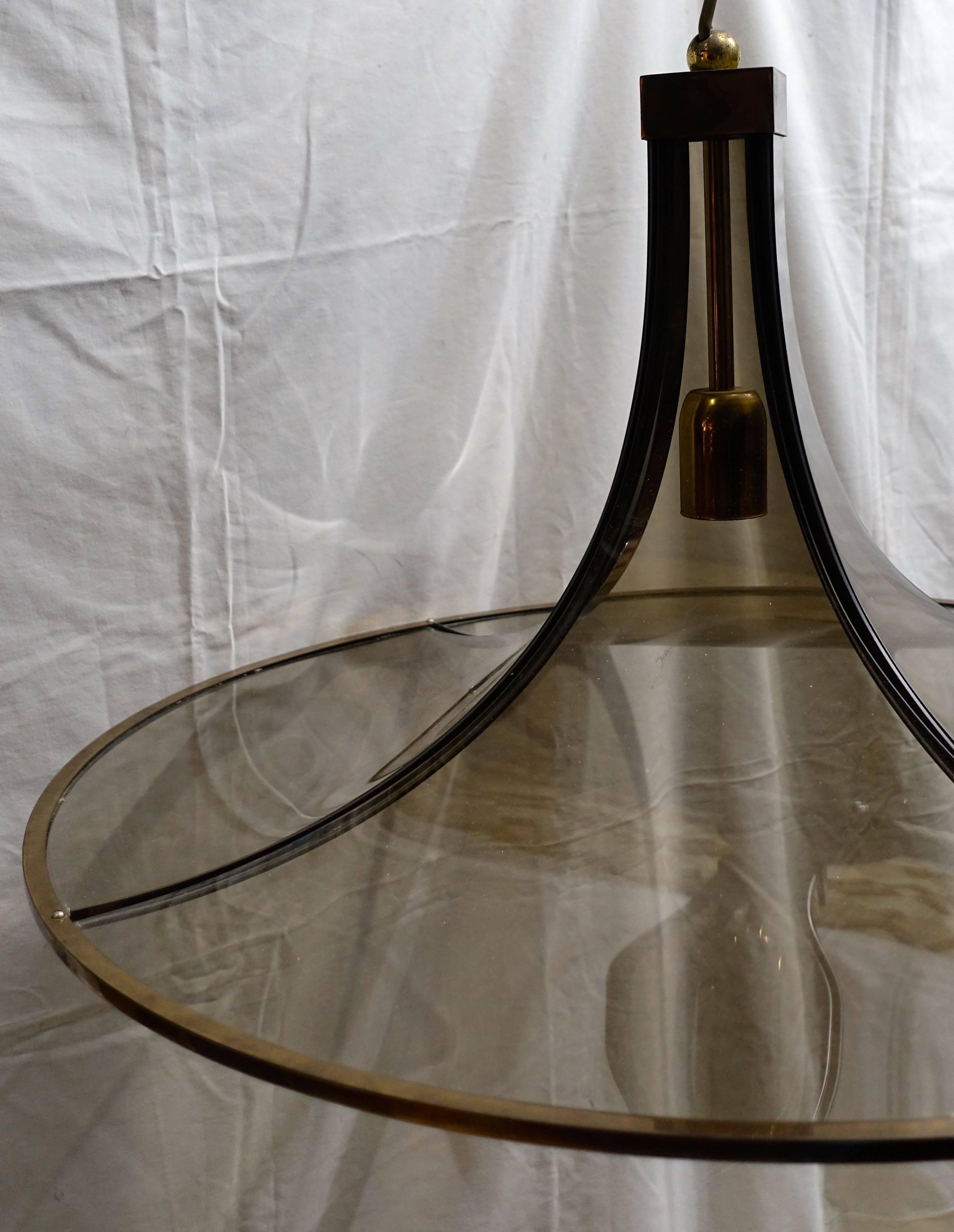 Italian Round Smoked Curved Glass with Brass Trim Chandelier, Italy, 1970s