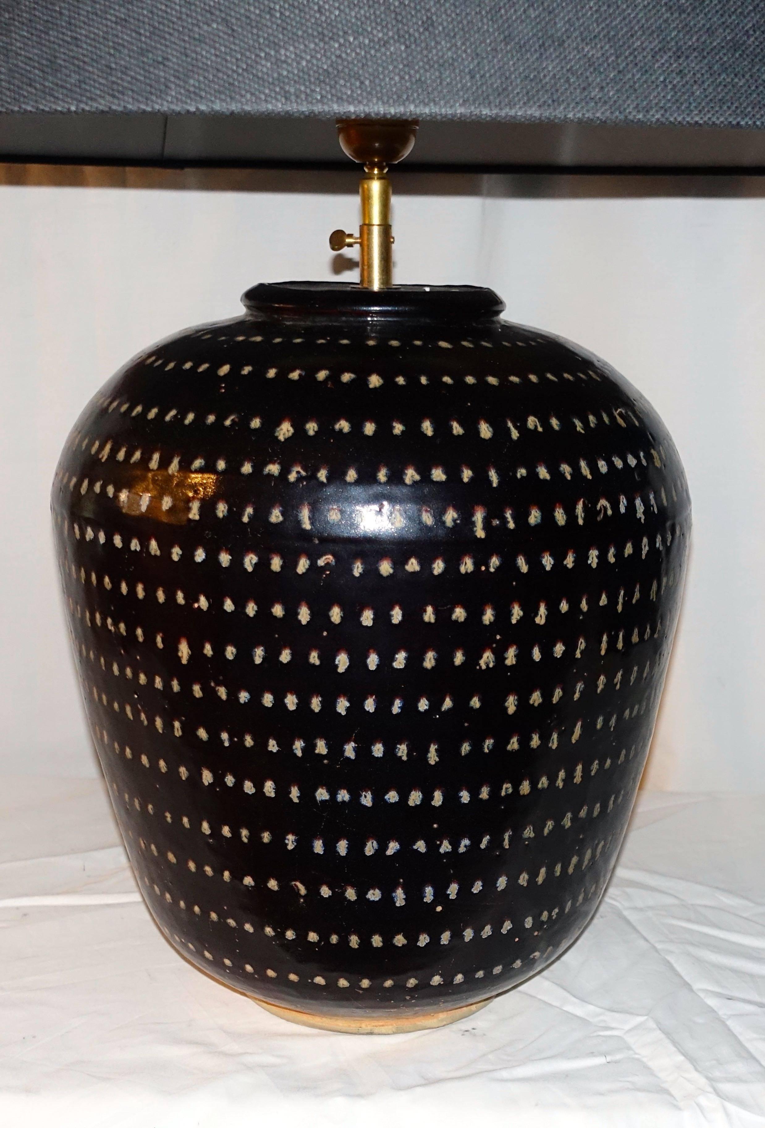 Chinese Hand-Painted Black with White Dots Vase Lamps, China, Contemporary