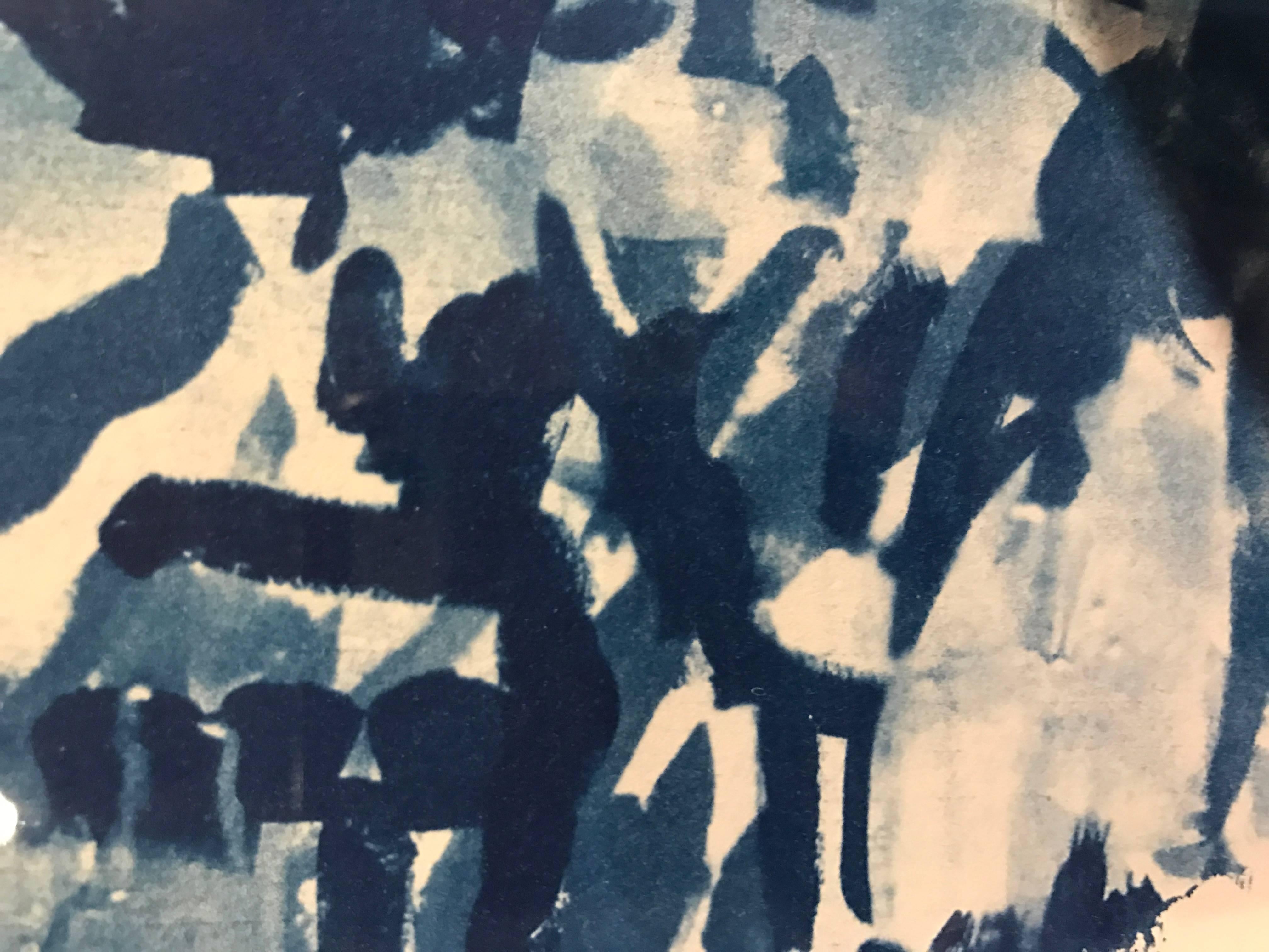 Contemporary American artist Sandra Constantine recreates the effect of an old architects blue print using the print type Cyanotype developed by an English scientist, John Frederick William Herschel in 1842.
Cyanotype is made by coating paper with