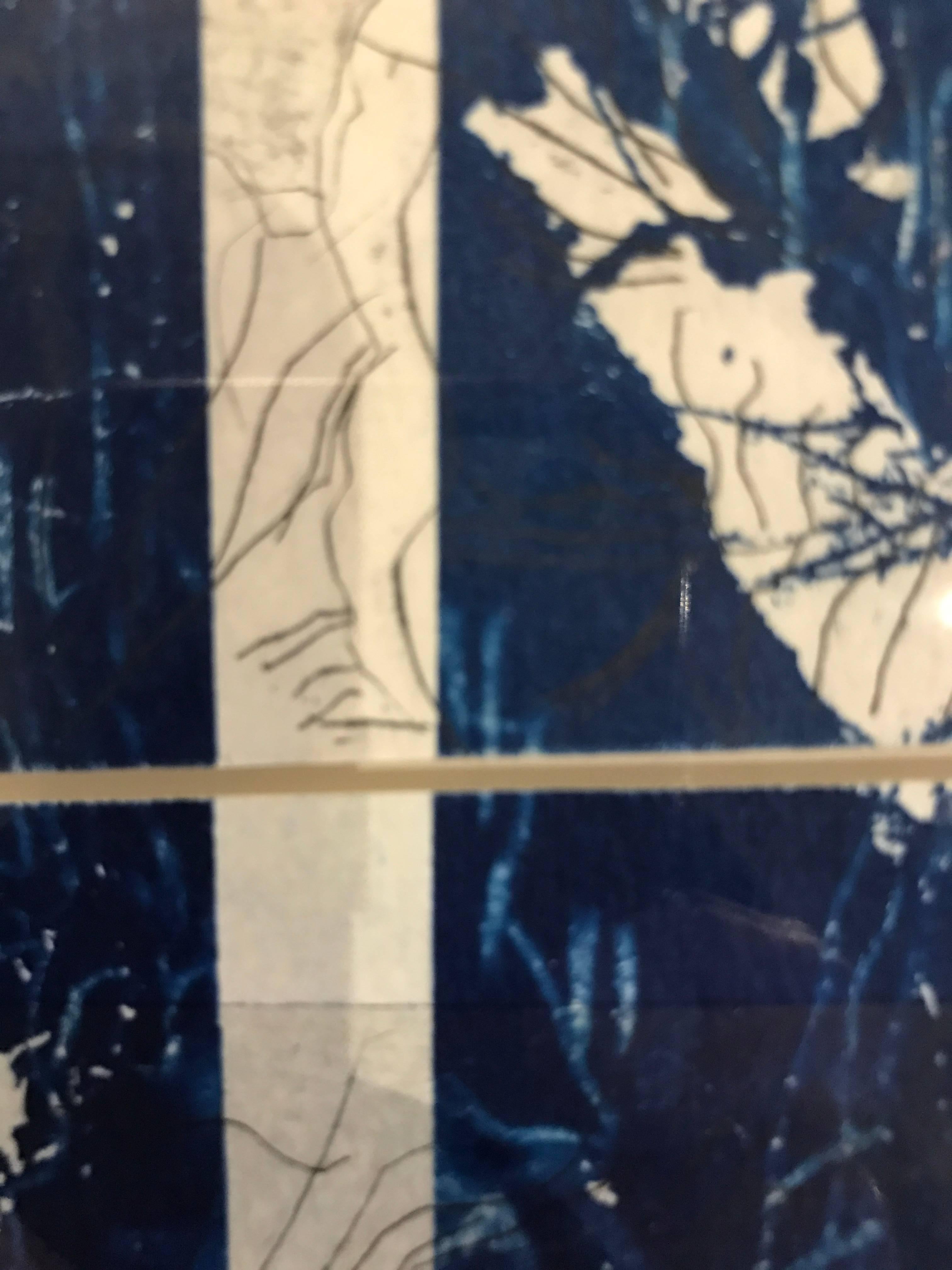 Contemporary American artist Sandra Constantine recreates the effect of an old architects blue print using the print type Cyanotype
developed by an English scientist, John Frederick William Herschel in 1842.
Cyanotype is made by coating paper with