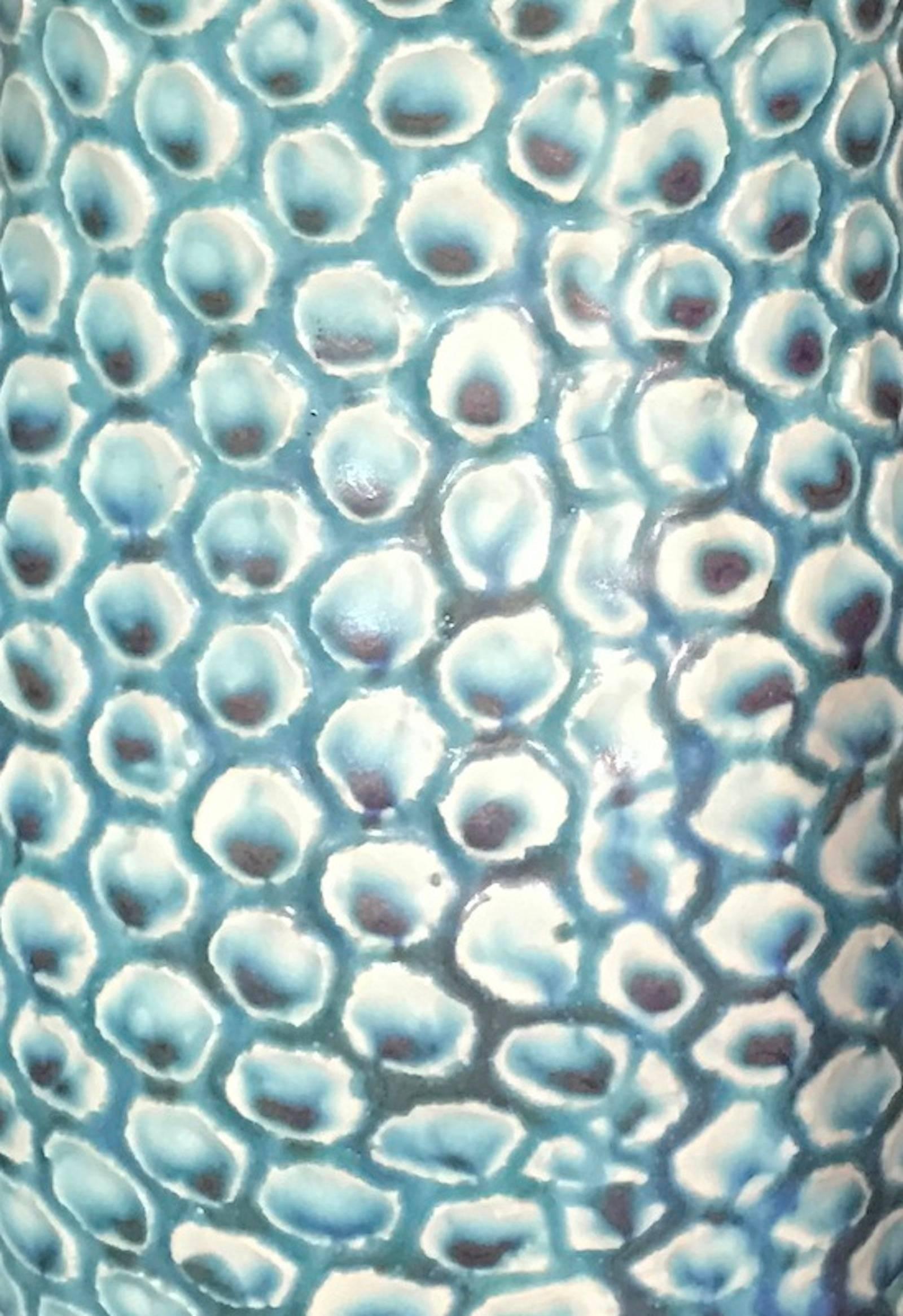 Contemporary Thailand turquoise in color vase.
Overall fish scale pattern design.
Sits well with  smaller size (S4765).
