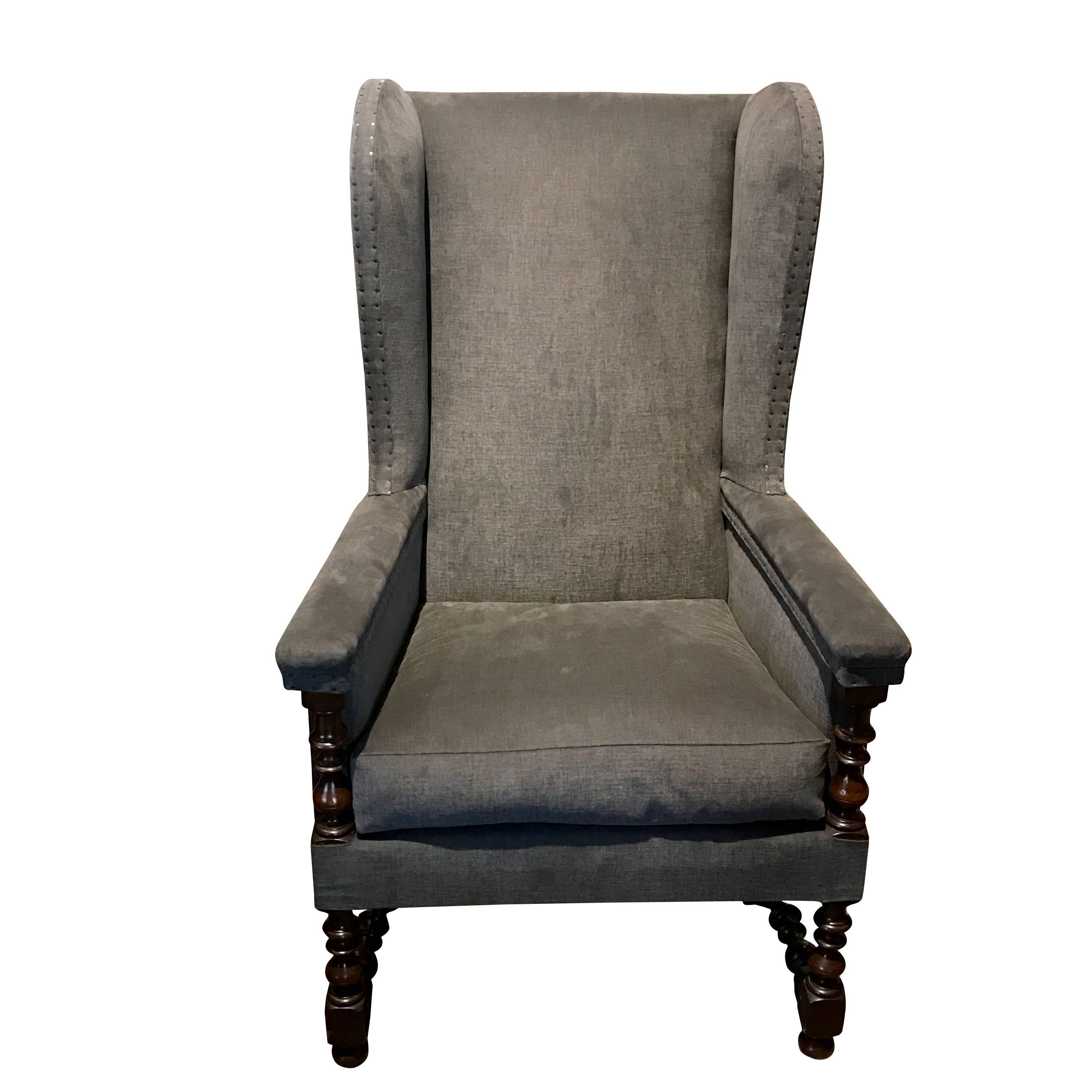 19th century Classic designed French club side chair.
Recently completely reupholstered and refurbished.
Very comfortable.
Separate down and feather cushion.
Traditional French style tack details.