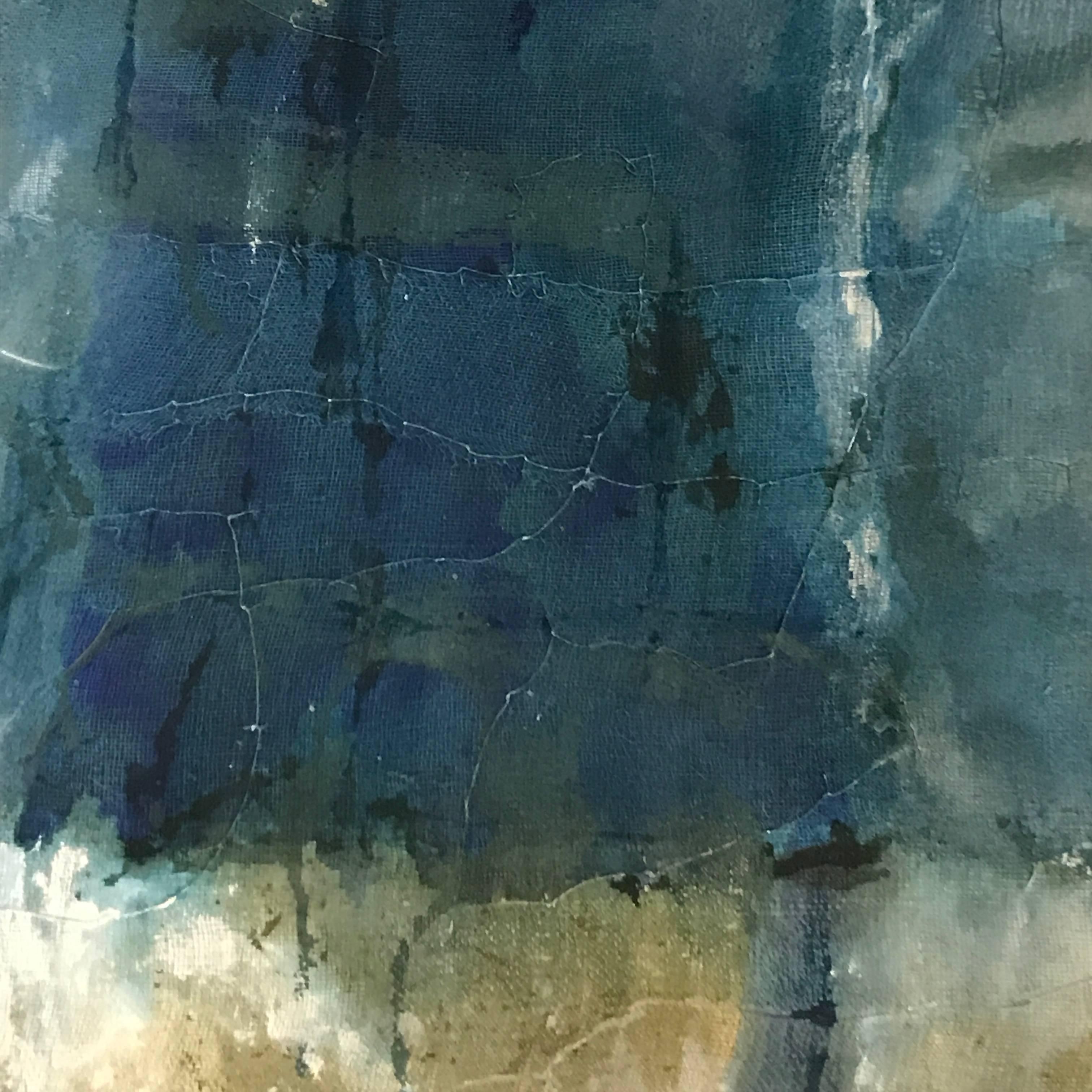 Contemporary abstract painting by Belgian artist Diane Petry.
Shades of blue, white and tan.
The artist creates her own three layer canvas using pima cotton, gauze and fine paper. Raw edges and applied threads add texture and dimension.
All