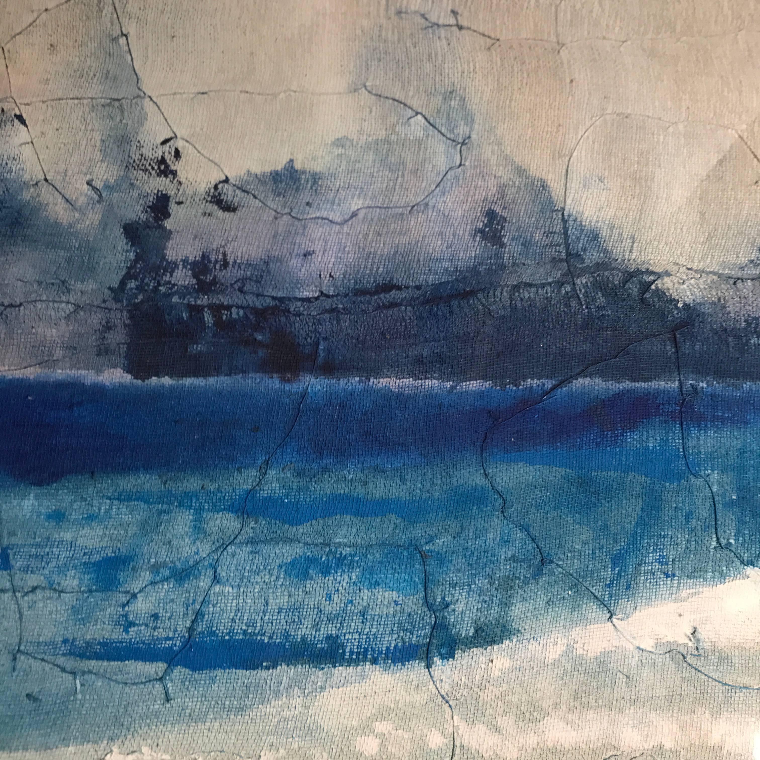 Contemporary abstract painting by Belgian artist Diane Petry.
The acrylic painting is horizontal shades of blue.
The artist creates her own three layer canvas using pima cotton, gauze and fine paper.
Raw edges and applied threads add