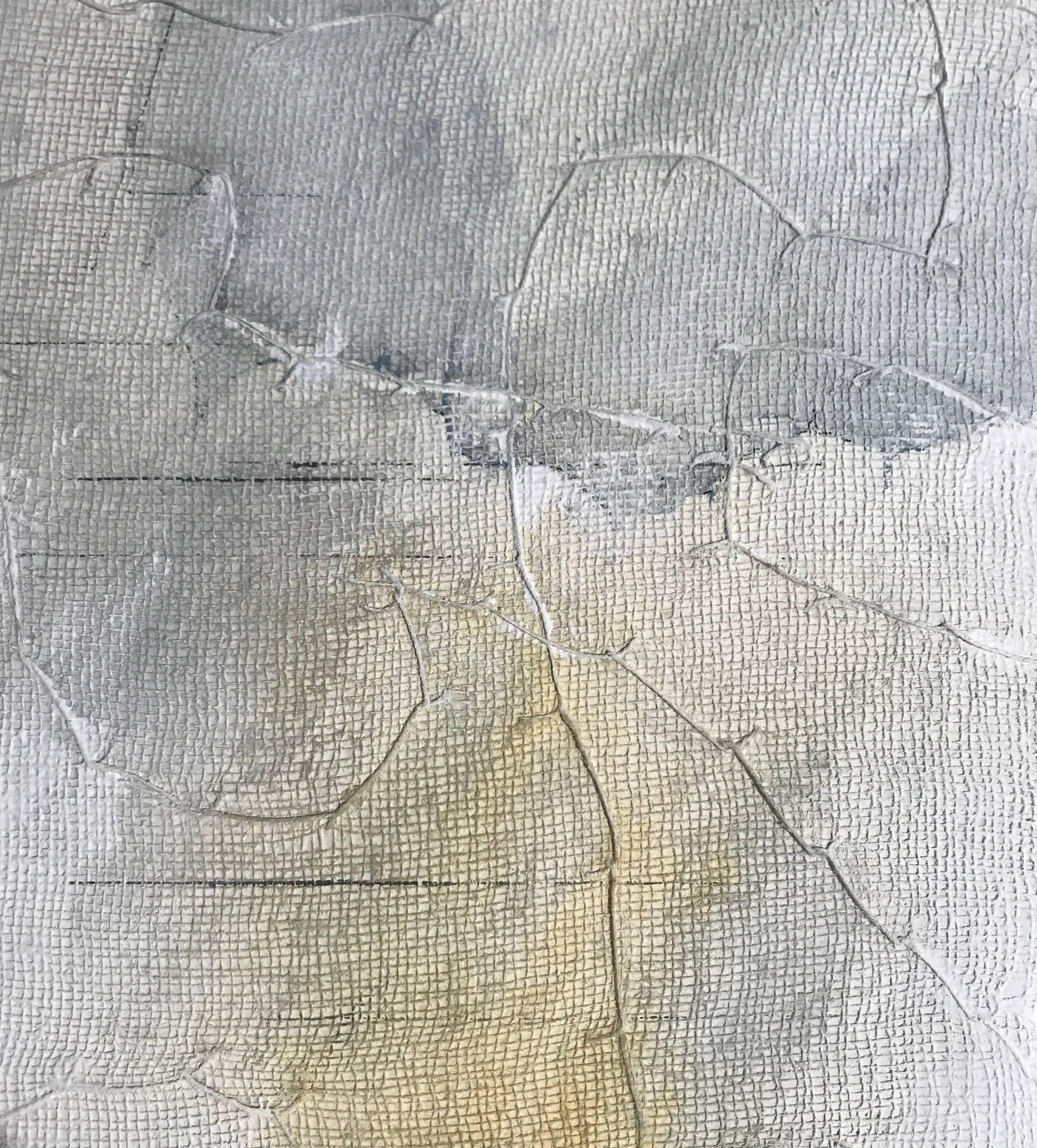 Contemporary abstract small painting by Belgian artist Diane Petry.
The painting is pale yellow, pale blue and grey.
The artist creates her own three layer canvas using pima cotton, gauze and Fine paper.
Raw edges and extra thread add
