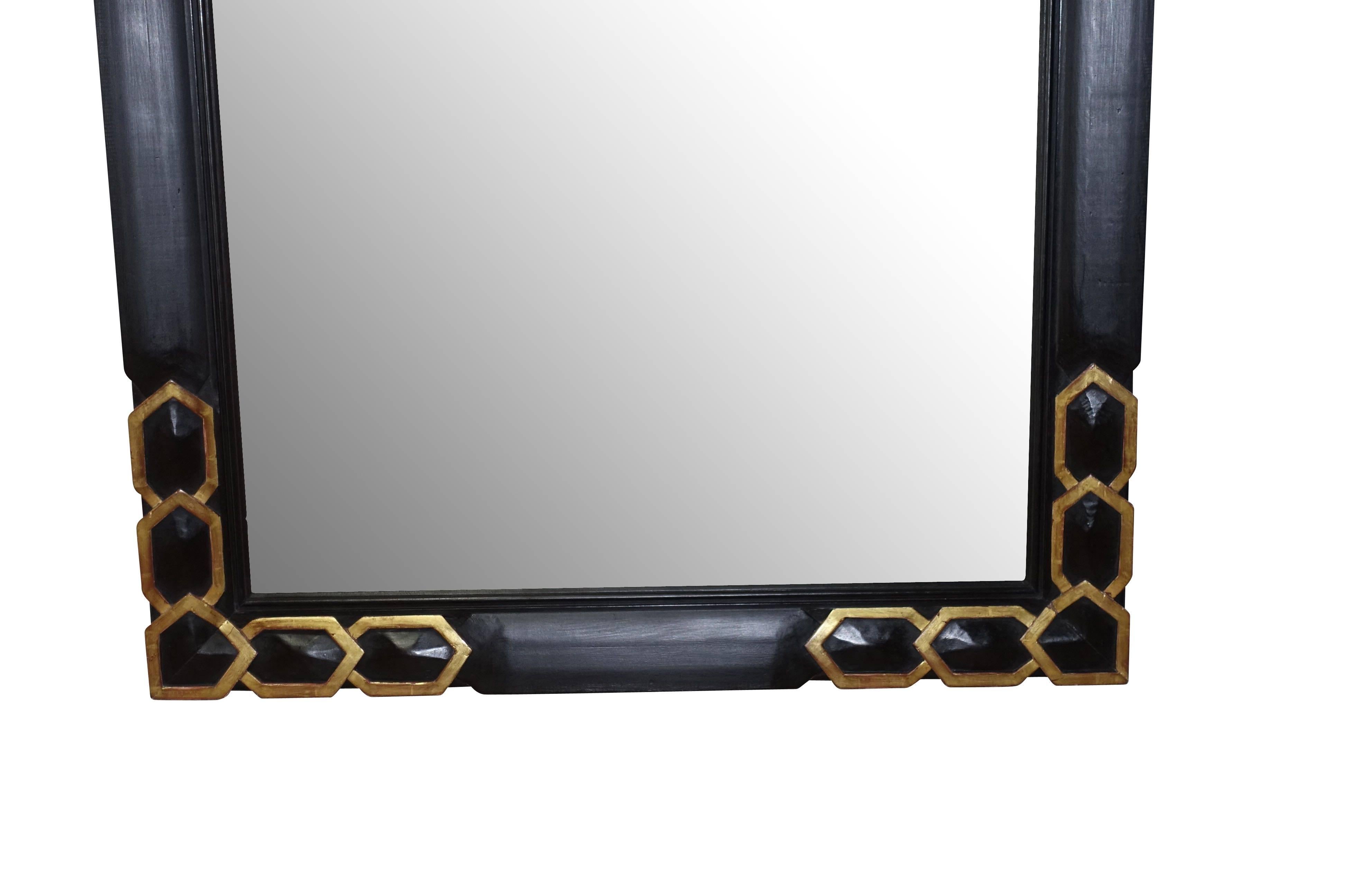 French Ebony and Gold Gilt Trim Mirror, France, 1930s