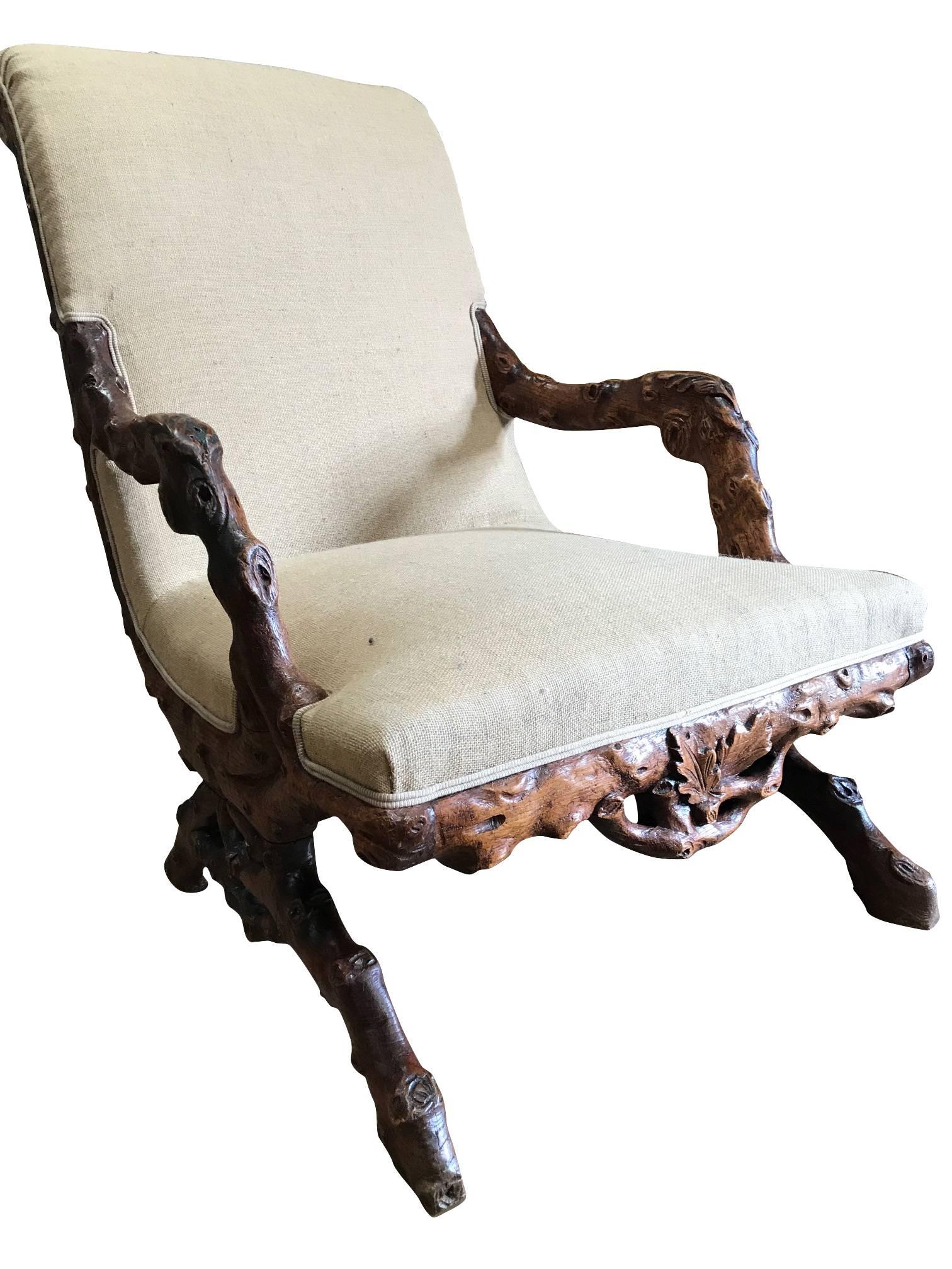 English rare and unusual 19th century chair frame made to look like tree branches.
Very decorative, sculptural and whimsical.
Newly reupholstered in linen.
 