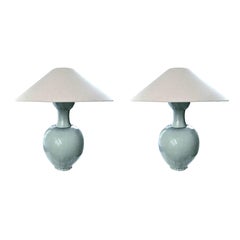 Pair of Tulip Shape Washed Turquoise Lamps, China, Contemporary