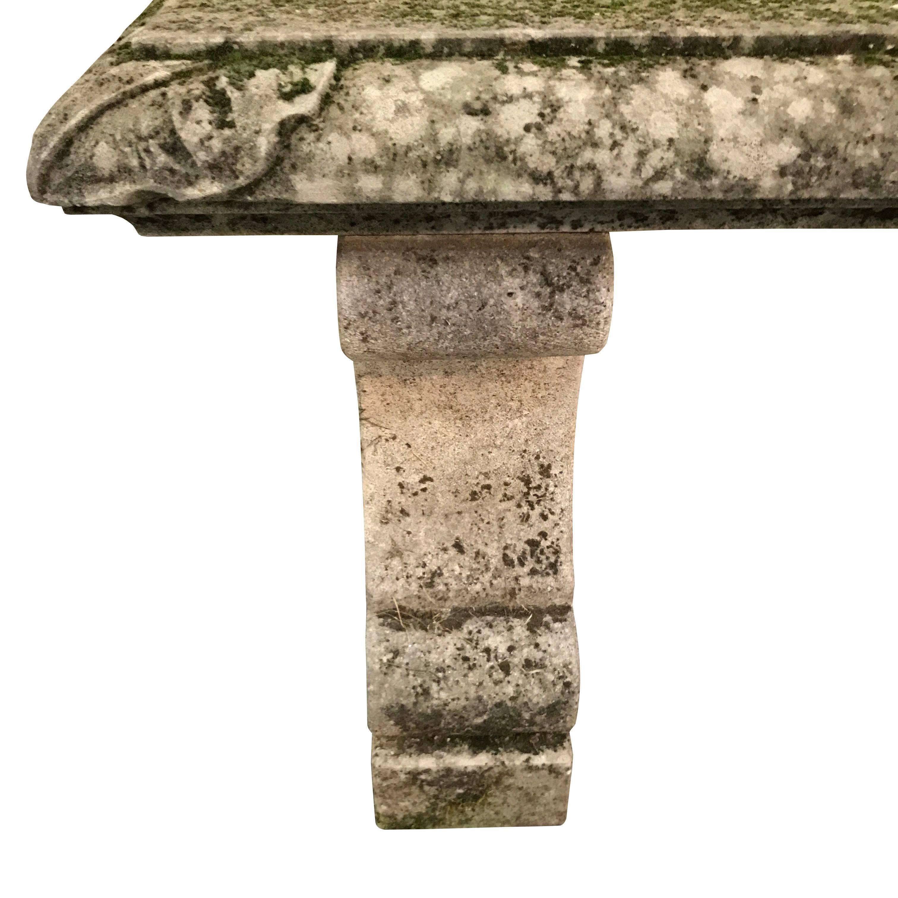 1920s Italian hand-carved Vicenza stone bench with Classic design details.
Moss and spores embedded in stone give naturally aged patina.
Originally from large garden in a villa outside of Venice.
Two available in this size, and one additional