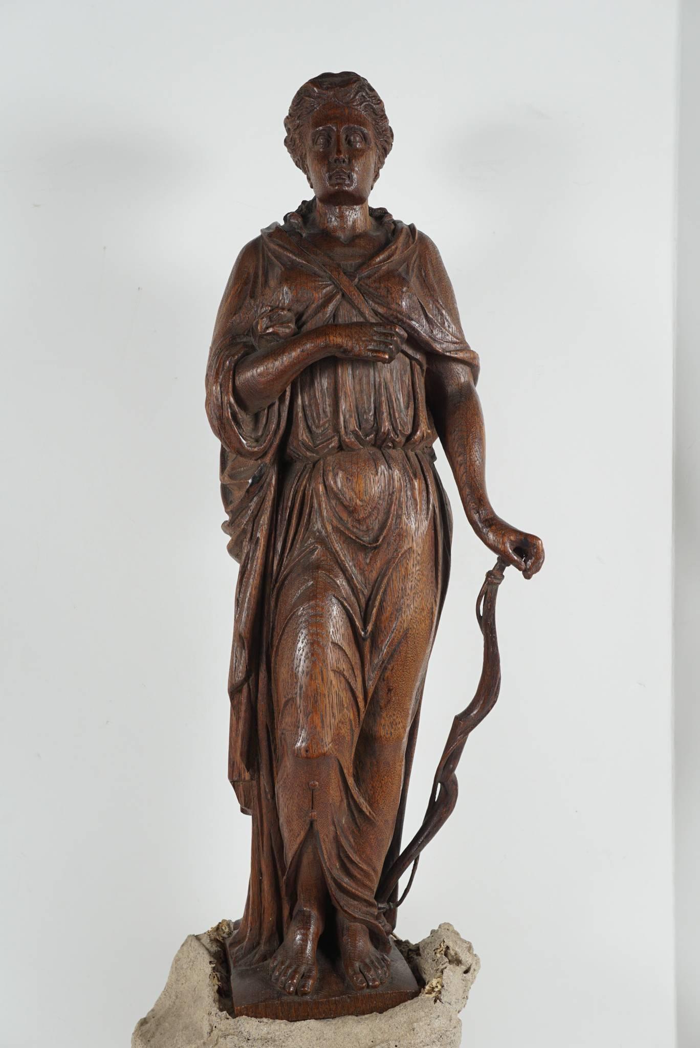 French  Late 19th Century Baroque Style Carved Oak Figure of Diana the Huntress For Sale